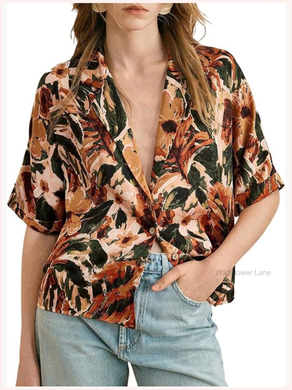 Floral Button Down Shirt Notched Lapel Deep V Neck Short Sleeve Blouse Top